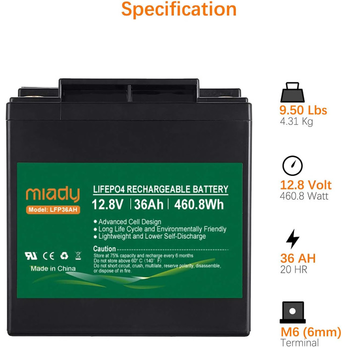 Акумулятор Miady 12V LiFePO4 із захистом BMS, 3000 циклів, для сонячної системи, ехолота, автофургону, човна (36 Ач)