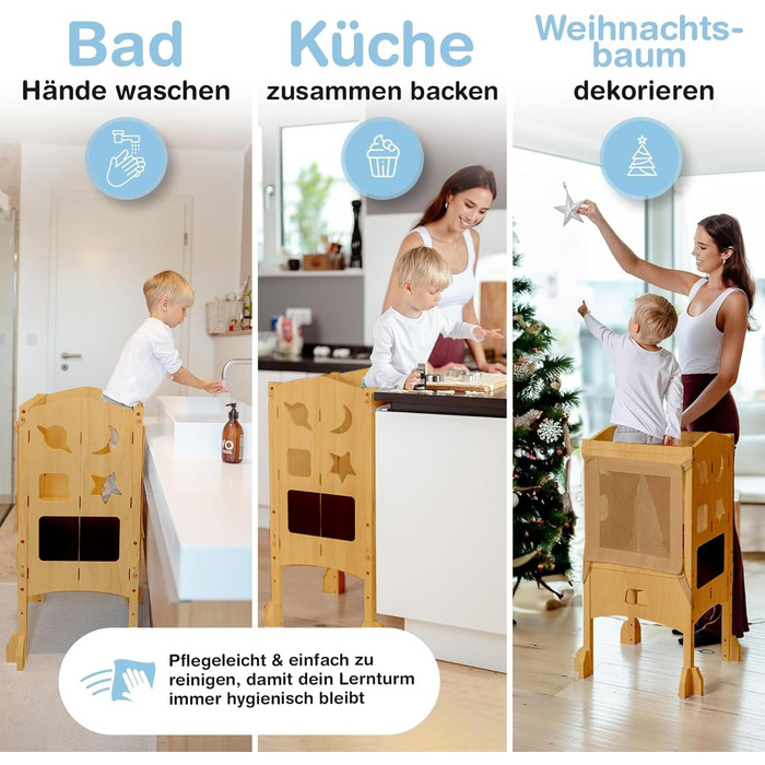 Дитячий навчальний столик-сходинка (1 рік+) з сіткою безпеки 360° - стабільний, масивний, з анти-кидкою, білий (натуральне дерево)