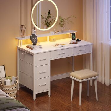 Комп'ютерний стіл Seventable з розетками та LED-підсвічуванням, 100 см, ігровий стіл з 5 шухлядами, стіл для офісу, робочого кабінету, спальні, вітальні, білий