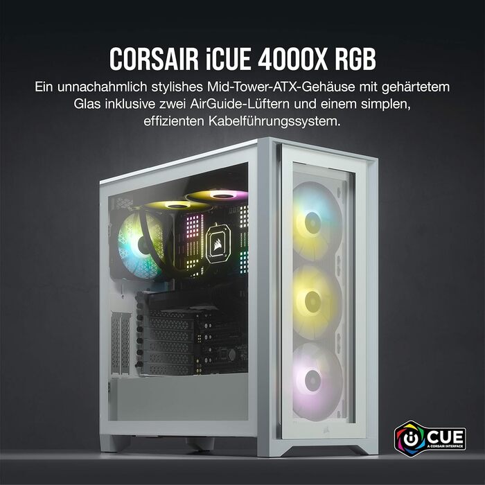 Корпус для ПК CORSAIR iCUE 4000X RGB, середній ATX, білий, із загартованим склом, 3 вентилятори SP120 RGB ELITE, контролер iCUE Lighting Node CORE, високий повітряний потік