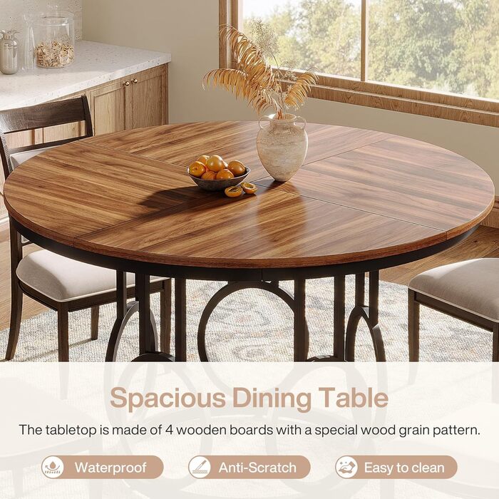 Круглий обідній стіл Tribesigns Runder, 119 см, дерев'яний кухонний стіл з металевим каркасом на 4-6 осіб, великий круглий стіл для вітальні, кухні, їдальні (колір: коричневий & чорний), лише стіл