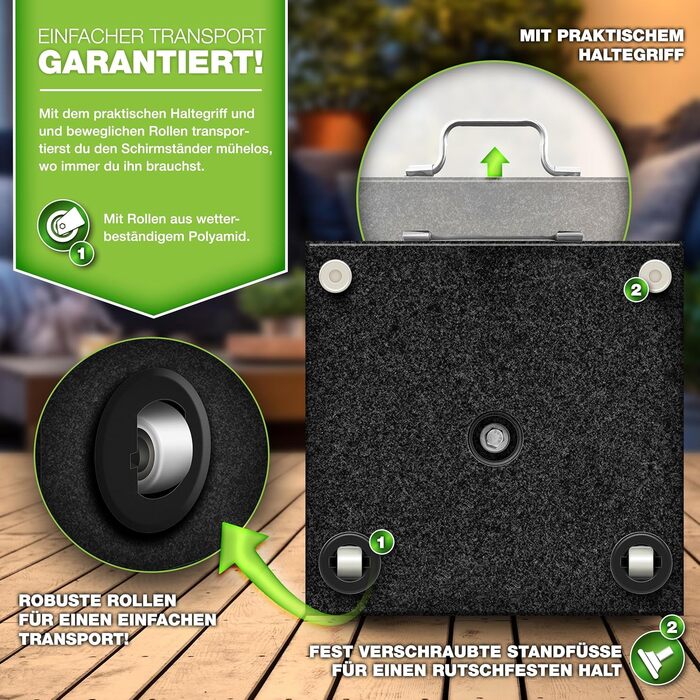 Підставка для парасольки Tillvex® Granit на роликах з ручкою для транспортування, 27 кг | Підставка для парасольки з нержавіючою сталлю | Підставка для парасольки на балкон, для штиків 16-48 мм та діаметром парасольки 250 см (кутова, антрацит)