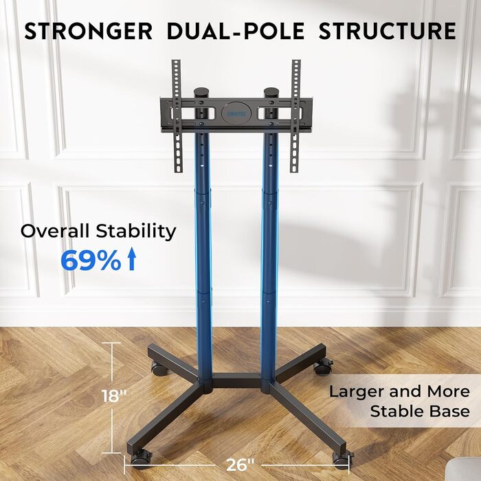 Мобільна підставка для телевізора BONTEC 32-70 дюймів, чорна, з колесами, регульована висота, VESA 400x400, до 50 кг, з кабельним каналом