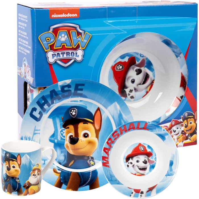 Набір дитячого посуду Paw Patrol United Labels (3 предм.) - блакитний, порцеляна, тарілка Ø 19 см, чашка 220 мл, миска 330 мл