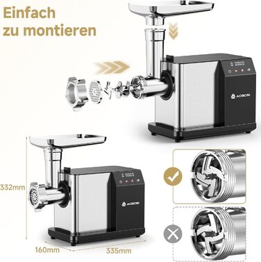 Електрична м'ясоподрібнювач AAOBOSI 3000W з LED-дисплеєм, 9 швидкостей, з нержавіючої сталі, для дому, з насадкою для ковбас та кіббе