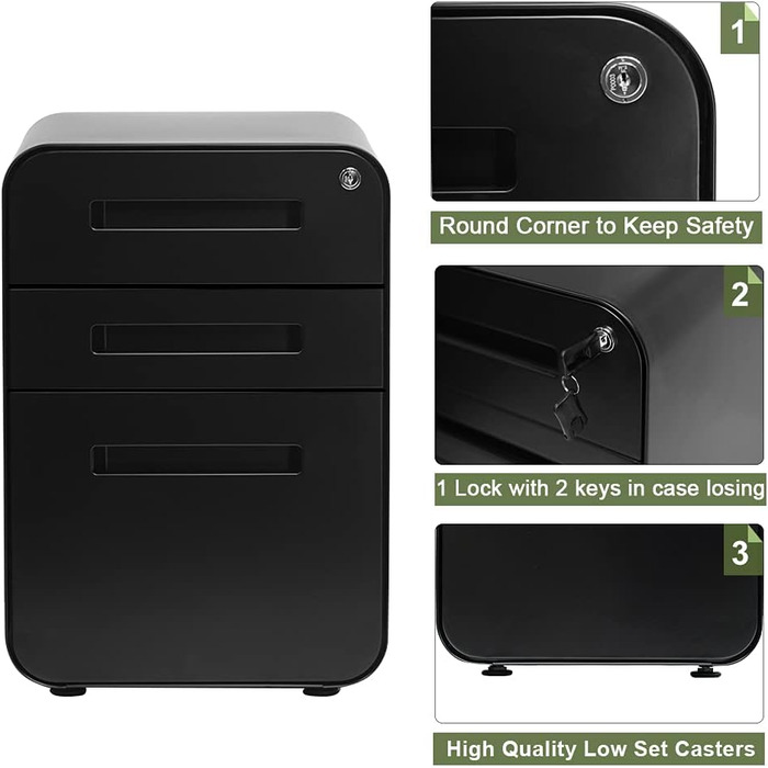 Роликовий контейнер DeHong з металу, мобільний офісний шафчик з 3 висувними ящиками, офісний контейнер, з можливістю замка та регульованих папок, збірно-розбірний, для офісу, дому, чорний