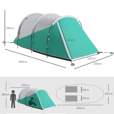 Намет Outsunny Tunnel Camping Tent для 5 осіб Сімейний намет з 2 кімнатами та сумкою для перенесення 3000 мм водяний стовп у зеленому кольорі для саду