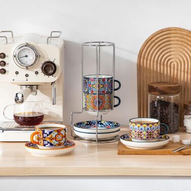 Набір чашок для еспресо Vancasso 4 шт., 150 мл SIMI, з підставками та стійкою, керамічні, для капучино, еспресо, лате (270 мл)