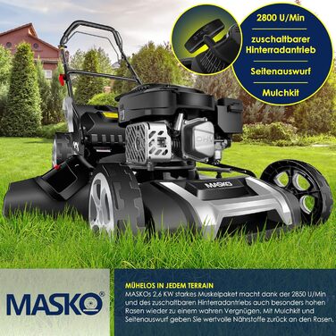 Бензиновий газонокосарка MASKO® 5in1 | Ширина косіння 51 см | 8 положень висоти косіння | 4-тактний OHV двигун 6.0 PS | 65 л травозбірник | Включно з набором для мульчування, бічний викид | Чорний/Сірий