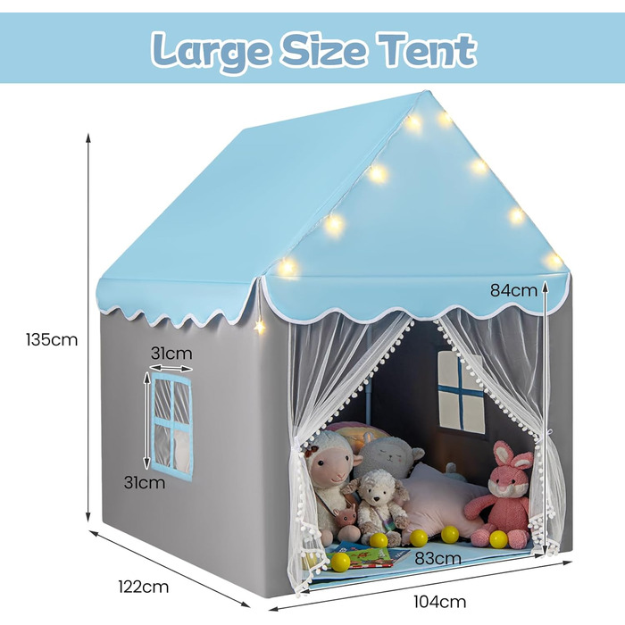 Дитяче намет-ігровий будиночок HOMASIS з килимком, зірками та віконцями, для дівчаток та хлопчиків, блакитний колір