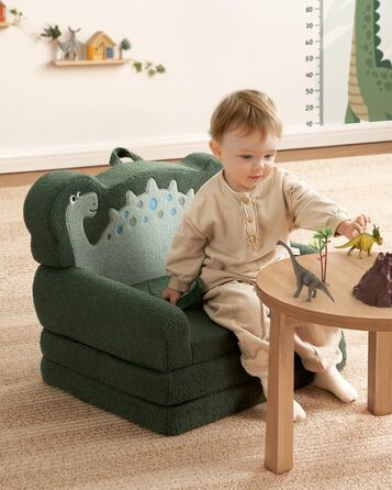 Дитяча крісло-диван Blissful Diary Kindercouch 2-в-1 з динозаврами, зручне, темно-зелене