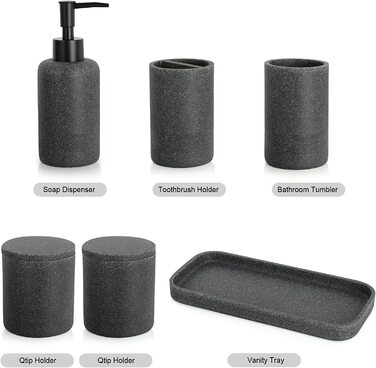Сірий набір аксесуарів для ванної ZCCZ, 6 предметів: органайзер, тримач для зубних щіток, дозатор для рідкого мила, підставка, 2 контейнери для ватних паличок, сучасний дизайн