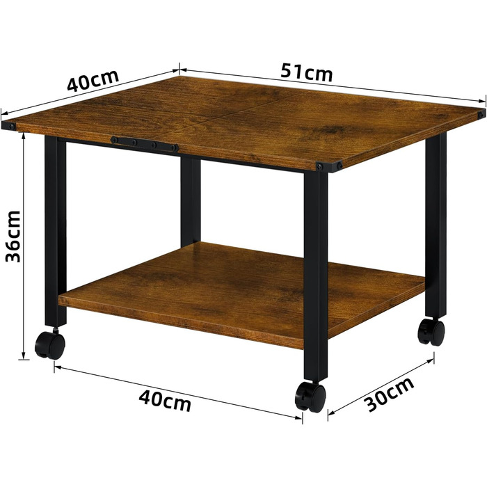 Стіл для принтера LELELINKY з роликами, мобільний двоярусний стійка для принтера, підставка для принтера з фіксуючими колесами, візок для принтера для офісу, факсу та дому, 52,5 x 40 x 36 см, Колір: Коричневий