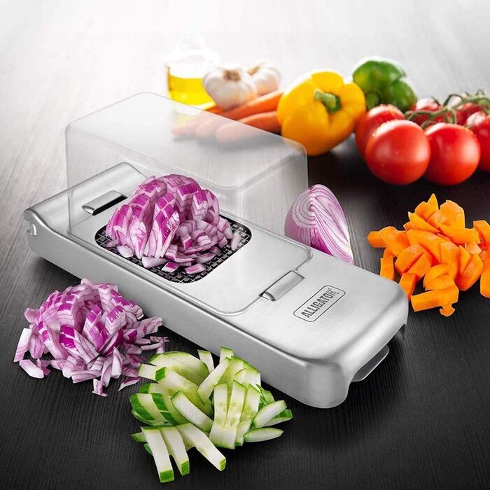 Подрібнювач для овочів ALLIGATOR 3094 з нержавіючої сталі з контейнером - для овочів, цибулі та картоплі фрі - 3 змінні леза (3x3 мм, 6x6 мм, 12x12 мм) - Без BPA