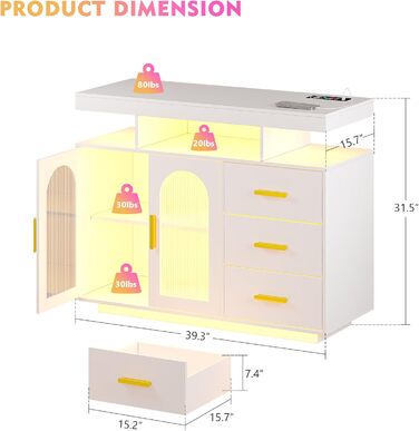 LED комод-тумба Gurexl з бездроговою зарядкою, RGB-підсвічуванням, сенсорами та регульованими полицями (80x40x100 см), білий