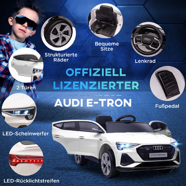 HOMCOM Електромобіль для дітей 12V, модель Audi E-tron з дистанційним керуванням, ременем безпеки, музикою (MP3/USB/TF), ідеальний для дітей 3-5 років, максимальна швидкість 3-5 км/год, колір – білий.