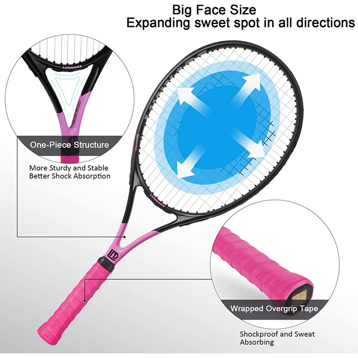 Тенісна ракетка для дорослих LUNNADE, 68,6 см (27 дюймів), попередньо нанизана та повторно захвата, ідеально підходить для чоловіків і жінок, 2 шт. и фіолетовий/рожевий