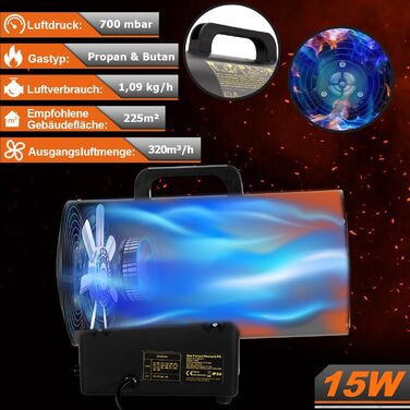 Газовий нагрівач з вентилятором, 15 кВт, з газовим шлангом 1,2 м та редуктором тиску 700 мбар, нержавіюча сталь, Piezo-запалювання, з ручкою