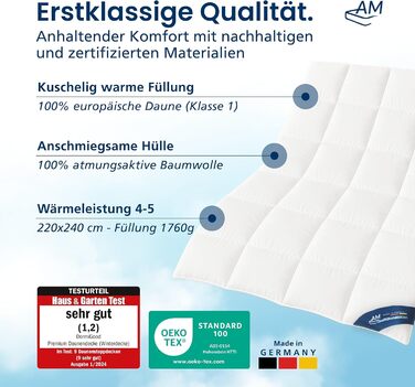 Пухове ковдра DormiGood 35x200 см - цілорічна, Made in Germany, 100% пух, дихаюча, сертифікат Oeko-Tex, розмір 220x240 см (зимовий ковдра)