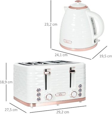 Набір для сніданку HOMCOM: електрочайник 1.7л та тостер на 4 тости, 2200W, 7 рівнів підсмажування, функція розморожування та підігріву, зйомний піддон для крихт, регулятор температури, кремово-білий