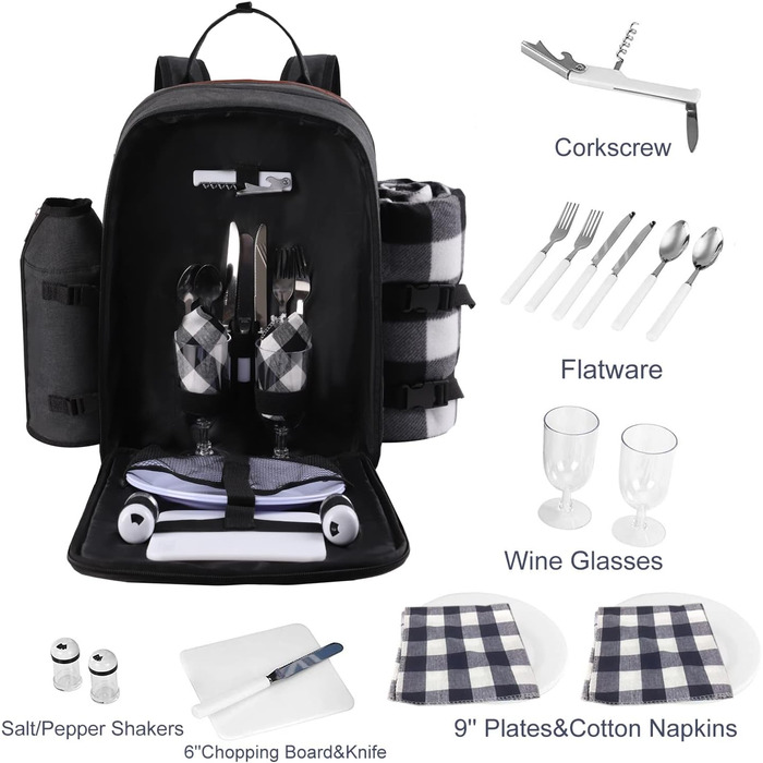 Набір для пікніка на 2 особи ALLCAMP: рюкзак, десерна тарілка, столові прибори, флісова ковдра, тримач для пляшки/вина (чорний)