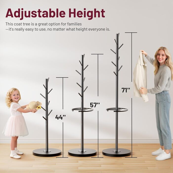 Настінна вішалка для одягу SLEEPING LAMB з 8 гачками, дерев'яний постамент, для прихожей, вітальні, спальні, офісу, чорного кольору