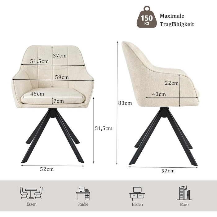 Набір обідніх крісел, сірий, з підлокітниками, з м'яким сидінням, поворотні, для кухні та вітальні (2 шт., кремово-білий)