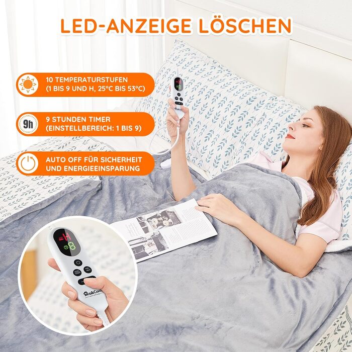 Електрична ковдра Mia&Coco з автовимкненням 160x130 см, 10 рівнів нагріву, таймер 9 год, захист від перегріву, пральна машина, фланелева ковдра для ліжка, дивана та вітальні, сіра, 130x160 см