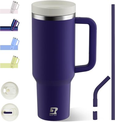 Термокружка-пляшка 1200 мл з трубочкою та антиковзним ручним захопленням, без BPA, з подвійними стінками для ізоляції, для автомобіля, офісу, відпочинку на природі (Пастельно-рожевий, Біло-рожевий, Глибокий фіолетовий)