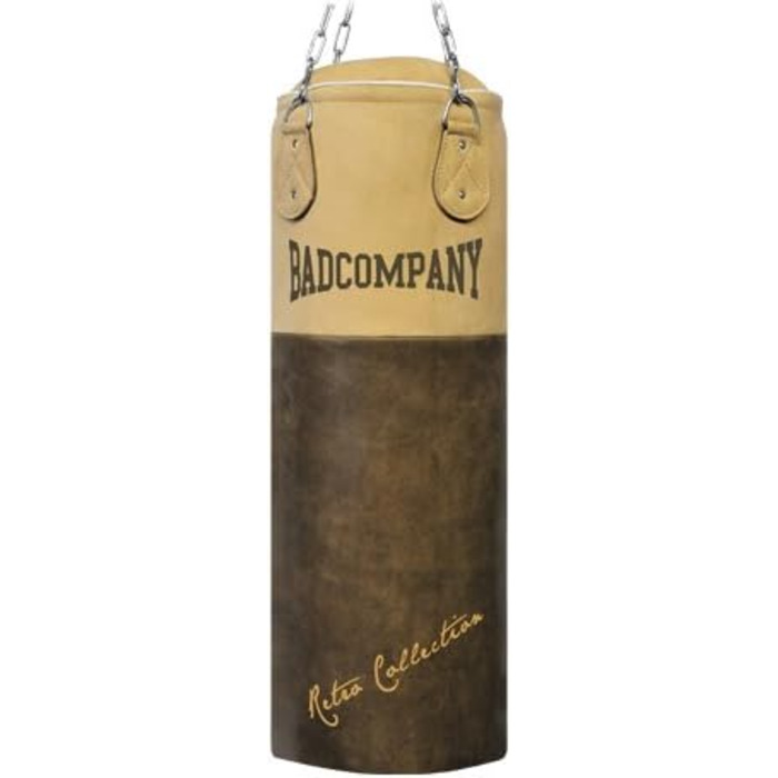 Боксерська груша з волової шкіри в стилі ретро Bad Company, включаючи. Надпотужний чотириточковий сталевий ланцюг 100 х 35 см (28 кг)