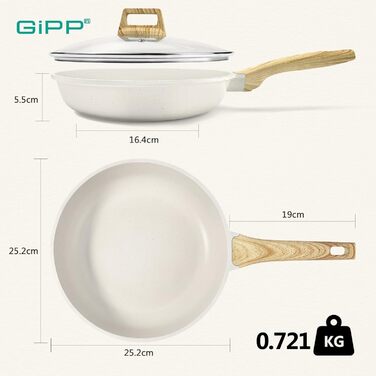Гіп Керамічна сковорода з антипригарним покриттям з кришкою – 24 см, здорова, безпечна, для індукційних плит, без PFAS та PFOA, придатна для миття в посудомийній машині, з холодною ручкою, білий колір 24 см + кришка
