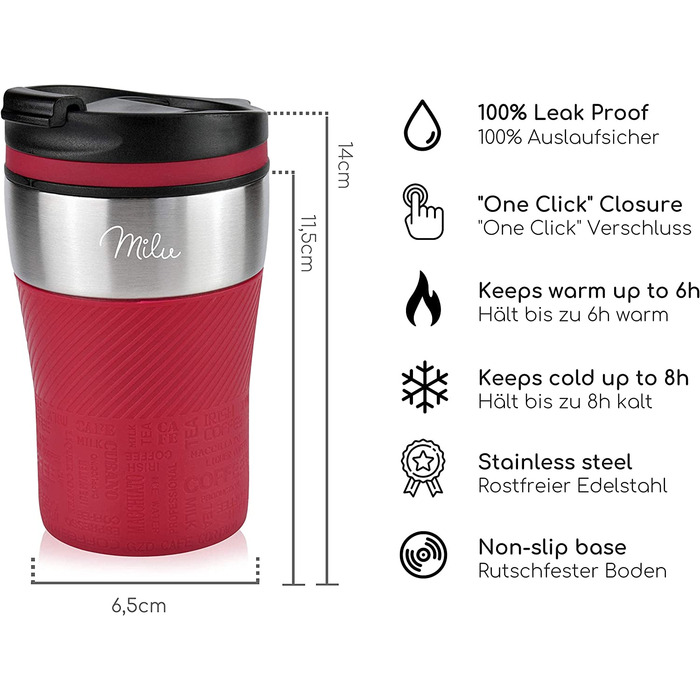Термальна кружка Milu ізольована кружка кавова кружка to go-100 герметична-чашка для пиття з нержавіючої сталі-Автомобільна кружка з подвійними стінками ізоляція-Термальна кружка-Дорожня кружка(210 мл, Червона)