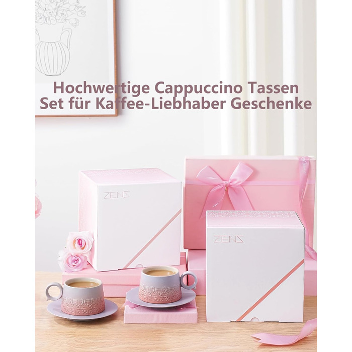 Набір чашок для капучино ZENS 2, 220 мл, керамограніт, з блюдцем, подарунковий набір (сіро-рожевий)