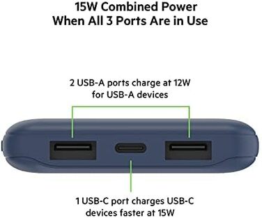 МАг, 1 порт USB-C та 2 USB-A, 15 Вт, для iPhone/Android, синій, 10 000