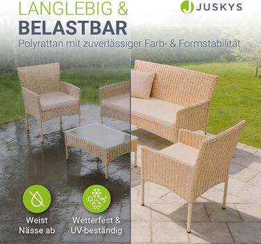 Садовий набір меблів Juskys Fort Myers з ротангу (кремовий) на 4 особи: диван, 2 крісла, стіл, подушки - вуличні меблі для балкона та саду