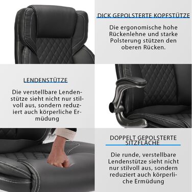Ергономічне крісло для офісу 180 кг, крісло для столу з високою спинкою та широким сидінням, відкидні підлокітники, комп'ютерне крісло для офісу, дому, геймінгу (Чорний, без масажу)