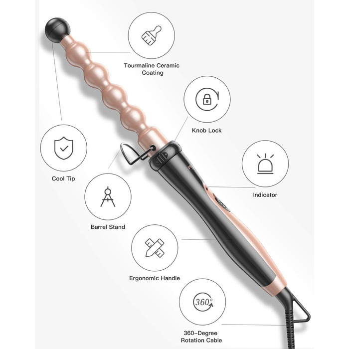 BESTOPE PRO 6-в-1 Локкенштаб: Великі та малі локони, різні насадки, регулювання температури, рукавички (Рожеве золото)