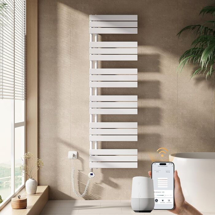 Електричний рушникосушар EMKE з термостатом 1320x500 мм, білий, 800W. Рушникосушар для ванної кімнати, рушникотримач, рушникогрілка, рушникосушарка.