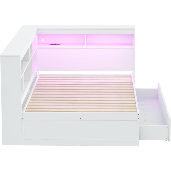 Диван-ліжко Kehun Doppelbet 140x200 см з LED та USB, ящик для зберігання та полиця, білий, без матраца