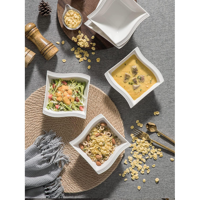 MALACASA Серія Flora – 60-елементний посуд для 12 осіб – кремово-білий порцеляновий сервіз з квадратним дизайном (тарілки, чашки, підставки) – придатний для миття в посудомийній машині та мікрохвильовій печі, білий