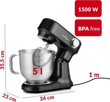 Кухонна машина Lehmann - планетарний міксер з набором аксесуарів - 3 насадки, захист від бризок, 5л чаша, 12 швидкостей, захист від перегріву, неслизька, чорний