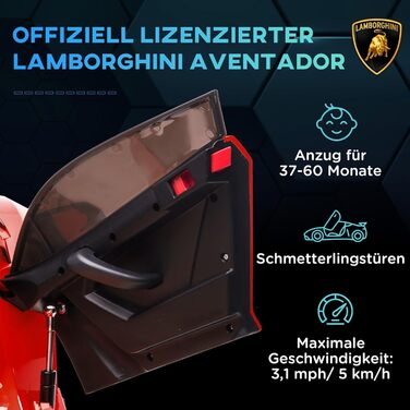 Дитячий електромобіль HOMCOM Lamborghini Aventador SVJ Roadster 12V, червоний, з пультом ДУ, MP3, світлом і звуком, для дітей 3-5 років