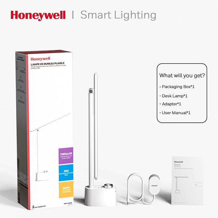 Настільна лампа Honeywell з USB, з можливістю затемнення, легко для очей, складна, HWT-H01 (біла)