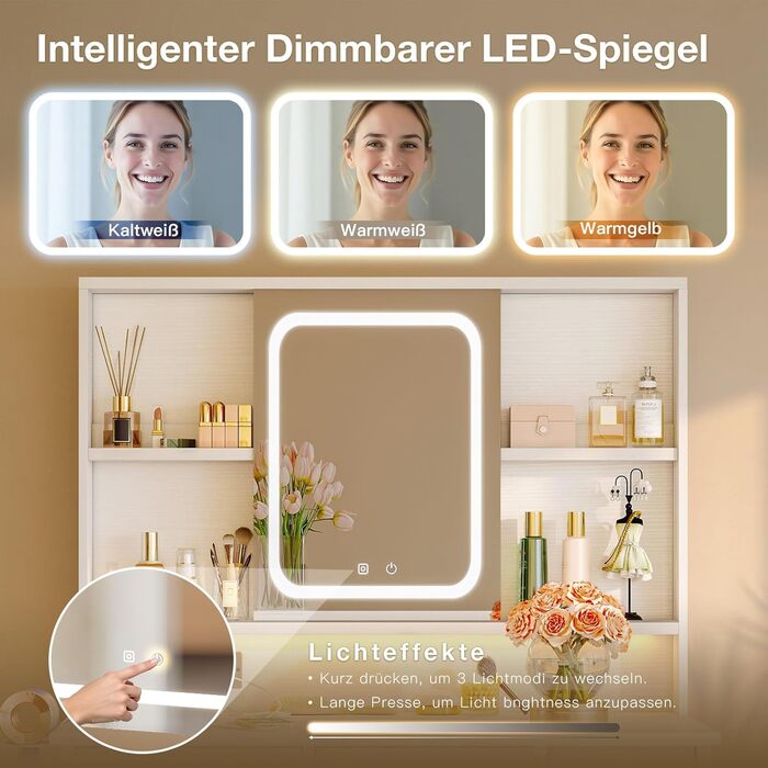 Дзеркальний туалетний столик ODK з регульованим LED-дзеркалом, USB-роз'ємами та RGB-підсвіткою, 5 висувними ящиками та 3 полицями, білий, 90×40×139 см