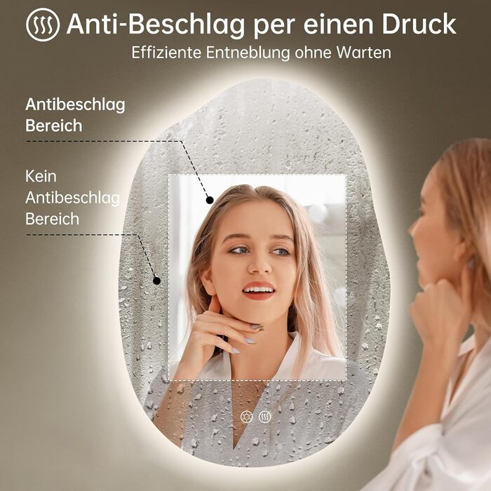 Дзеркало для ванної кімнати OUMUSU з підсвічуванням, арочне, без рами, 50x75 см. Антизапарник, сенсорне управління, регулювання яскравості, 3 кольори світла