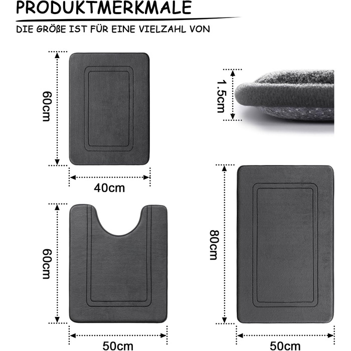 Набір килимків для ванної кімнати Chakme з 3 предметів, піна з ефектом пам'яті, не ковзає, можна прати, темно-сірий
