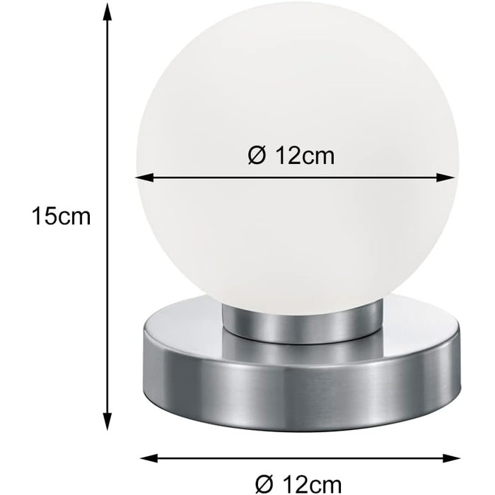 Невелика сенсорна настільна лампа висотою 15 см, скляна куля білого кольору, основа срібляста Настільна лампа срібляста, скло біле