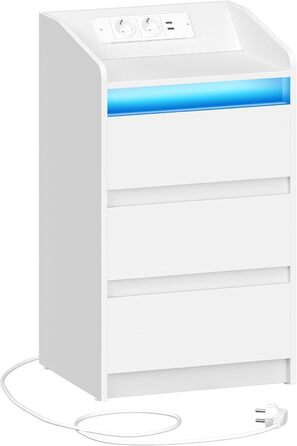 Приліжкова тумба з 3 шухлядами, USB та LED, біла для спальні та вітальні