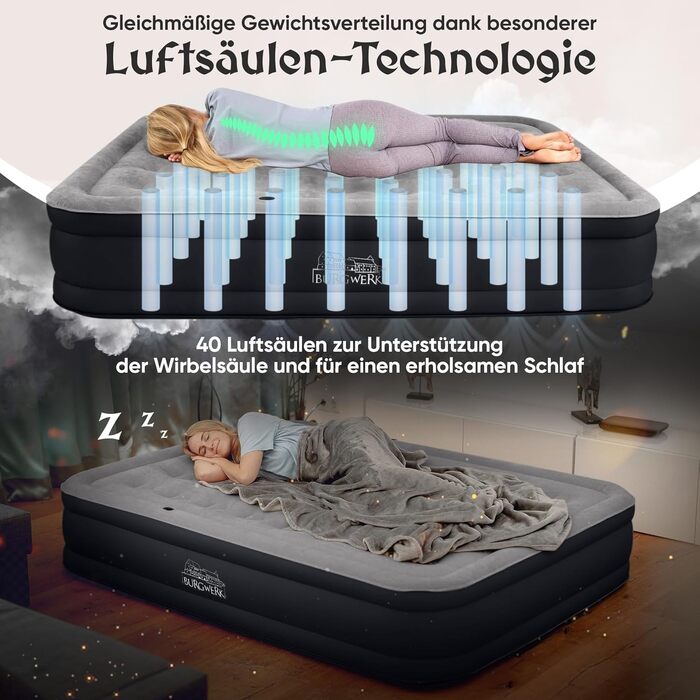 Надувне ліжко для 2 осіб [3-в-1 система] | Елегантне гостьове та кемпінгове ліжко | Надувна матрац з електропомпою 150x200 | Самостійно надувна повітряна матрац 2 особи Чорний/Антрацит