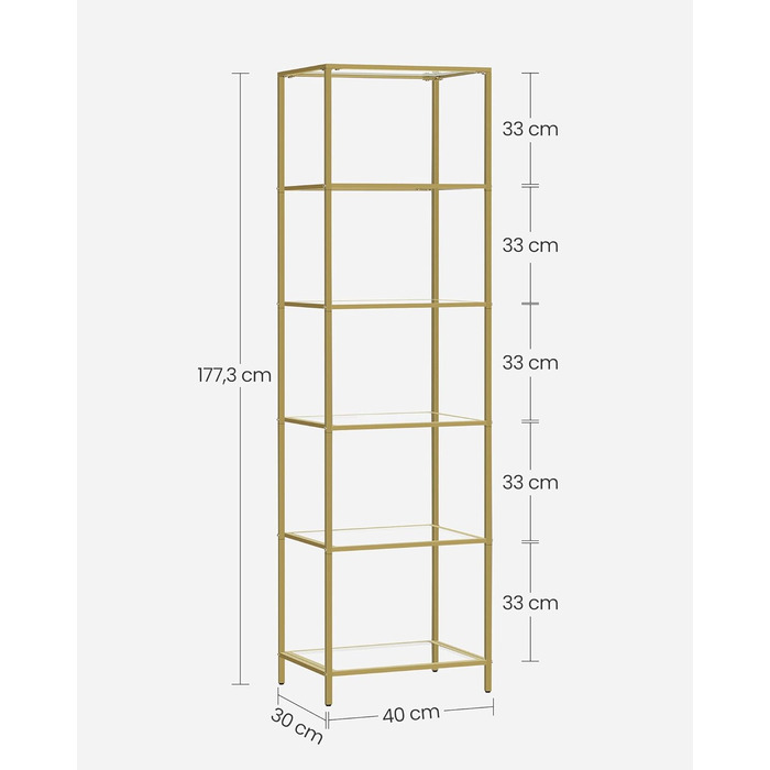 Регал VASAGLE з 5 полицями, скляна вітрина для ванної, вітальні, кухні, офісу, прозора + металік золото, легка збірка, LGT029A01